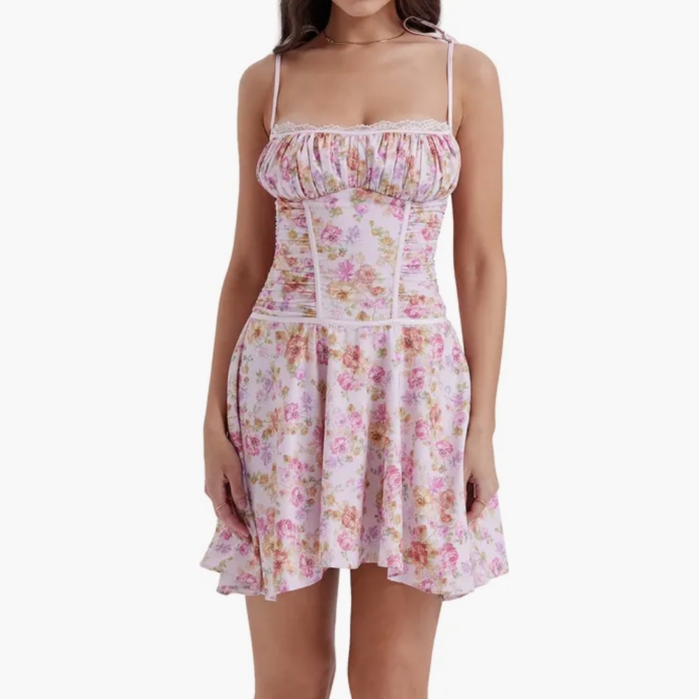House of CB Alejandra floral-print lace-trim woven mini dress